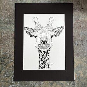 Original Art Zentangle Style Print Giraffe In Black Signed Matted Wall Decor